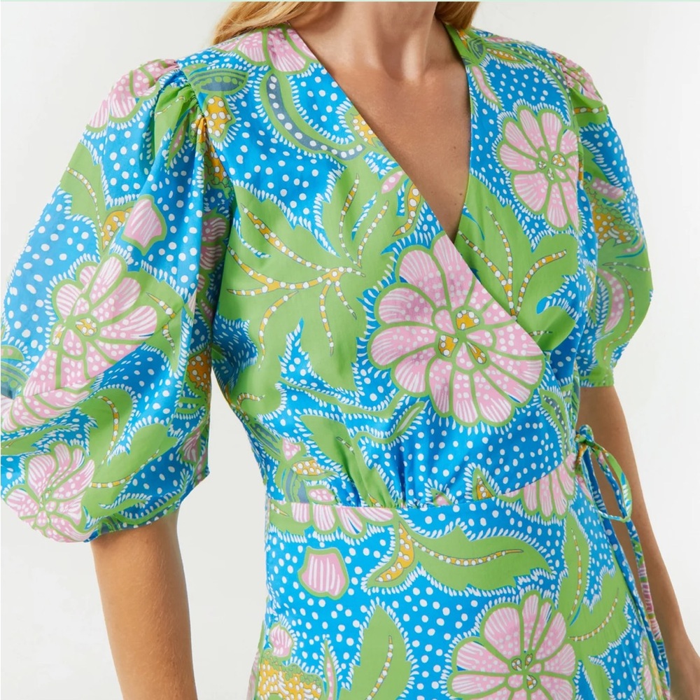 NEW Rhode Fiona Wrap Dress Blue Psychedelic Flower Medium Pink Blue Cotton Midi